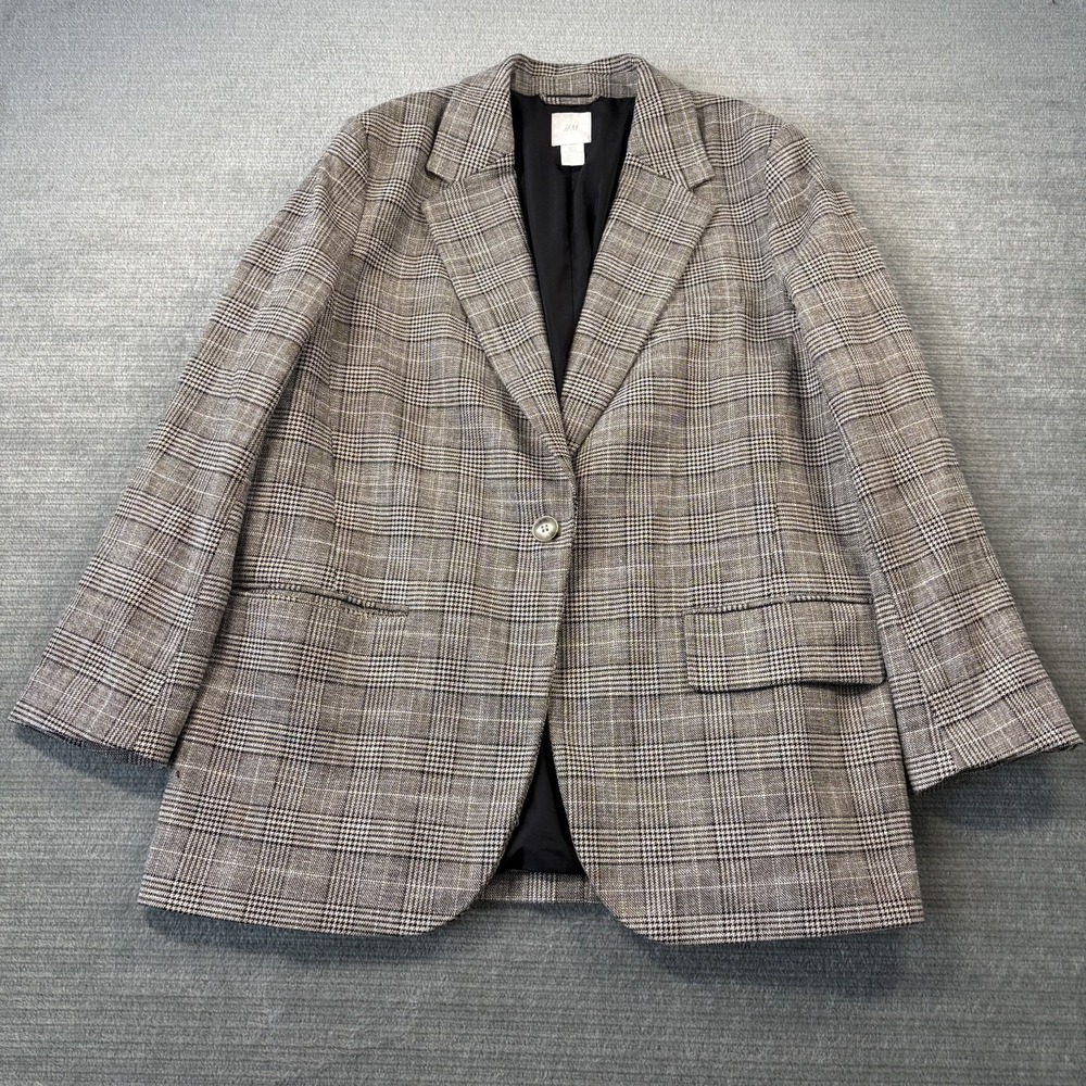 H&M Blazer Women L Black White Plaid Houndstooth Classic‎ Office Boyfriend Fit